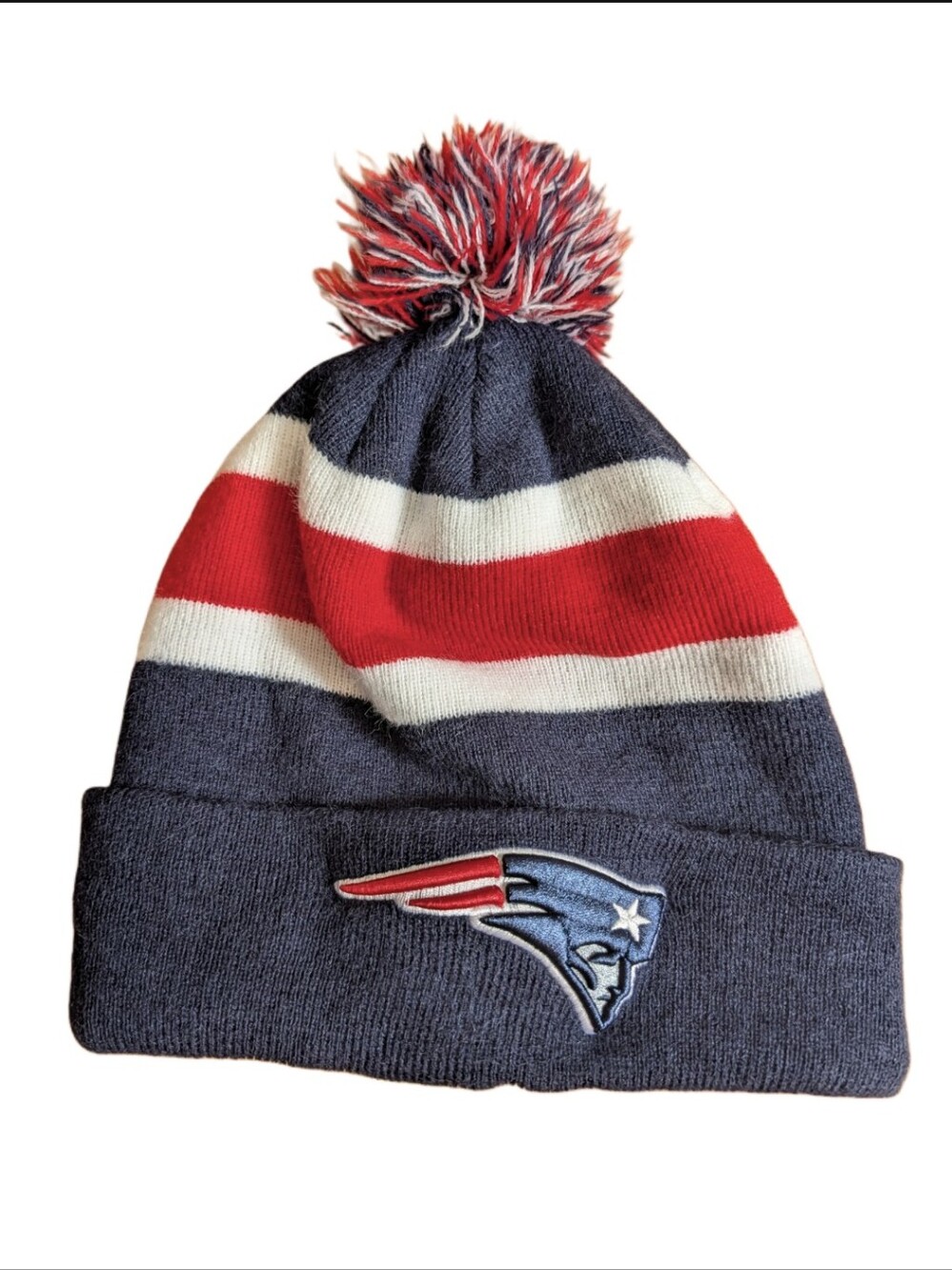 NFL Team Apparel New England Patriots Navy Stripe Pom Pom Classic Winter Hat